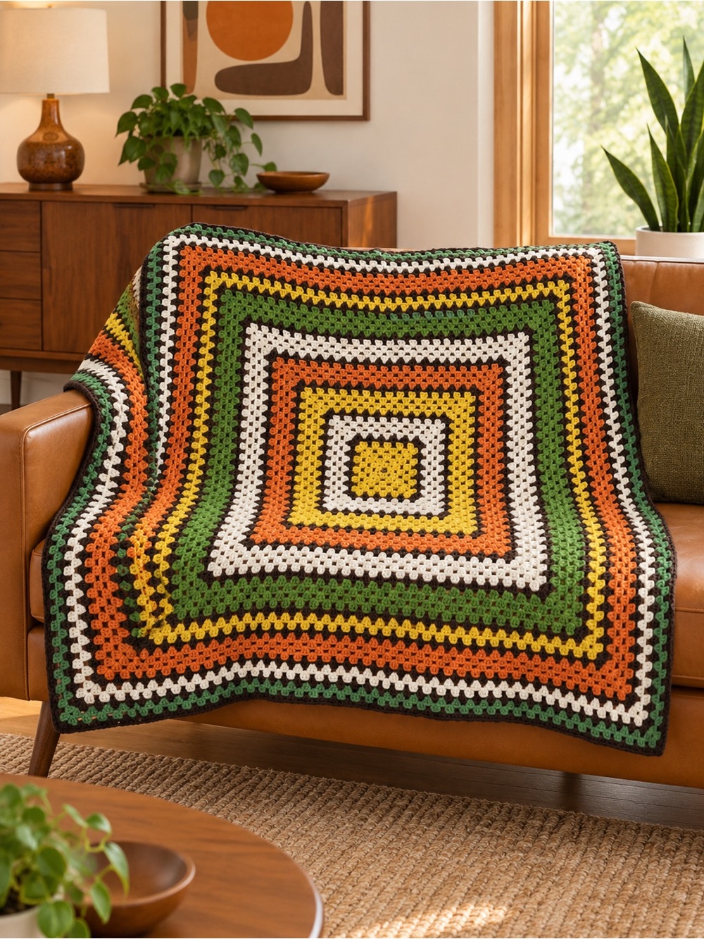 Vintage crochet throw blanket MCM mod 50” x 50” orange yellow brown handmade